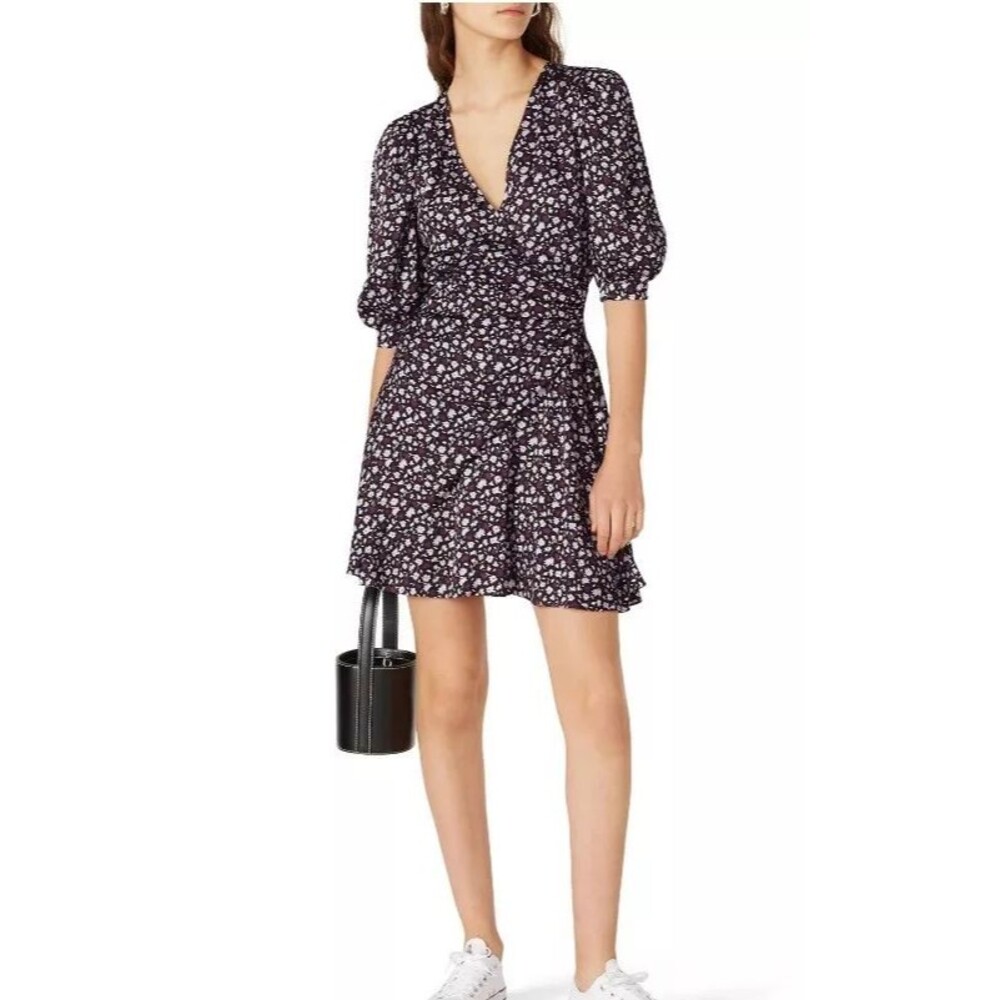 CHINTI & PARKER Gabriel Floral Mini Dress US 4 Faux Wrap Puff Sleeve Purple B23